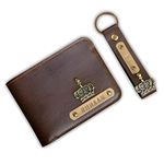 The Junket Personalized Wallet+Keychain | Customized Slim Stylish Leather Name Wallet with Charm | Unique Birthday Anniversary Gift for Men Boy Love Husband Clients Employees (Dark Brown)