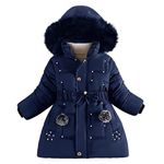 Runstarshow Girls' Coats Girls Winter Jacket Padded Coat Hooded Parka Jacket Fleece Lined Kids Warm School Coats with Detachable Hood Fur Collar Belt Pockets Outerwear for Girls Aged 3-12 Years