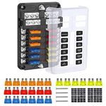Tawveml 12-Way Blade Fuse Block W/Negative Bus – ATC/ATO Fuse Box Holder with Ground, LED Warning Indicator &Damp-Proof Cover - 12 Circuits Fuse Box for Car Boat Marine RV Truck DC 12-24V