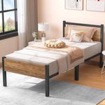 Yornoli Single Bed Frames with Wood Headboard 31.5cm Metal Platform Bed Frame with Storage Sturdy Non-Slip Without Noise No Box Spring Needed Black & Rustic Brown