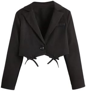 OYOANGLE Girl's Blazer Jacket Bow Lapel Long Sleeve Button Front Dressy Cropped Suit Coat Black 11Y