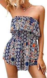 ECOWISH Women Off Shoulder Romper Strapless Floral Print Striped Beach Shorts Jumpsuit 296Navy Blue Medium