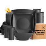 Teivio 32-Piece Plastic Wheat Straw Square Dinnerware Set for 8, Unbreakable Dinner Plates, Salad Plates, Snack Bowls, Tumblers 20 oz, Dishwasher Safe, Black