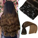 VINBAO 18 Inch Clip in Hair Extensions Human Hair Color Off Black Fading To Chocolate Brown Human Hair Extensions Silk Straight Hair Extensions 120 Gram 6Pcs Remy Hair Extensions(CLIP#1BT4-18Inch)