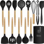 Silicone Cooking Utensils Set Utensil Sets - 446°F Heat Resistant Silicone Kitchen Utensils Set Wooden Handles, Silicone Utensils for Cooking w Holder for Non-Stick Cookware BPA FREE (Black)