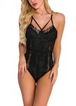 marysgift Teddy Lingerie for Women Snap Crotch Lace Bodysuit Strappy One Piece Babydoll Deep V Neck Nightwear Black S UK 6 8