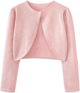 UMELOK Girls' Sparkly Cardigan Crew-Neck Long Sleeve Bolero Sparkle Shawl Sweaters Shrug Sparkly Pink, 11-12Y