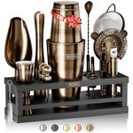 BARE BARREL® Cocktail Making Kit | 16-Piece Bartender Kit Cocktail Shaker Set Maker | Bamboo Display Stand & 35 Recipe Cards | Mixology Cocktail Gift Set (800ml/28oz Boston Shaker, Brass/Black)