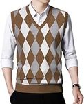 AIYINO Men's V Neck Sleeveless Jumpers Casual Slim Fit Argyle Sweater Vest Tank Top Sweater Vest with Ribbed Edge (UK Size Medium Khaki)