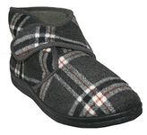 Mens Wide Fitting Diabetic ORTHAPEDIC Brushed Fleece Lined Touch Close Strap Easy Close Boot Slipper Sizes 7-12 (Grey Check, Numeric_9)