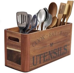 RMCOKGX Utensil Holder for Kitchen Countertop - Extra Large 4 Compartment Wooden Organizer in Acacia Wood, Storage for Cooking Tools and Cutlery, Farmhouse Style for Home Cooking