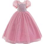 Glamulice Flower Girls Party Dress Dusty Pink Lace Fancy Puff Sleeves Sparkle Tulle Sequin Pageant Dresses Bridesmaid Daddy Daughter Dance Prom Vintage Wedding Maxi Holiday Formal Photo Shoot Gown 7 8