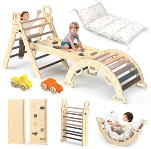 BlueWood Pikler Triangle Set with Cushion - Climbing Toys for Toddlers 9-in-1, Montessori Philosophy Play Jungle Gym with Arch, Ramp, Ladder (Pink)