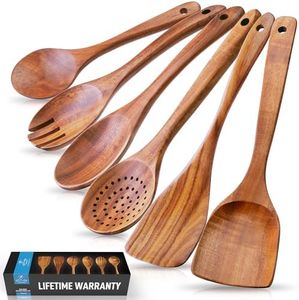 Zulay Kitchen 6-Piece Wooden Spoons for Cooking - Smooth Finish Teak Wooden Utensils for Cooking - Soft Comfort-Grip Wood Spoons for Cooking - Non-Stick Wooden Cooking Utensils - Wooden Spoon Sets