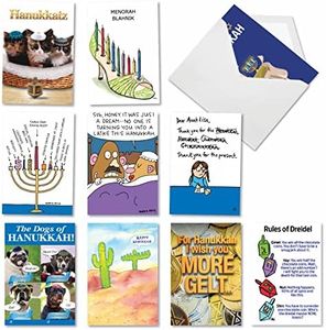 NobleWorks - 10 Assorted Box Set Funny Chanukah Greeting Cards w/5 x 7 Inch Envelopes (10 Designs, 1 Each) Jewish Holiday Cards Hanukkah Humor AC3435HKG-B1x10