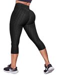 STARBILD Honeycomb Waffle Scrunch Bums Leggings 3/4 Length Leggings Butt Lift Gym Leggings High Waist Compression Workout Legging Yoga Pant Black, S