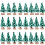 24Pcs Mini Artificial Christmas Trees with Wood Base Fake Snow Trees Plastic Tabletop Ornaments Trees for Christmas Party Home Decoration (Green)