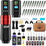 Complete Tattoo Gun Machine Kit, Cordless Rotary Tattoo Pen Kits with 2Pcs 1,600 mAh Battery, 20Pcs Tattoo Cartridge Needles, Professional 7 Strokes Length Tattoo Gun for Artists (Red, 102Pcs)