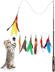 Pawaboo Jouet pour Chat Intéractive avec Plume, Lot de 7 Extensible, Baguette Flottante à Plume, Extra Longue de 96 CM avec Petite Cloche, Bâton Amusant Exercice Jouet Fil Chaser, Rayures Colorées