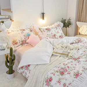 FADFAY Shabby Floral Duvet Cover Set 100% Cotton Chic Bulgaria Rose Farmhouse Bedding Pink and White Reversible ed Cover Super Soft 600 TC Girls Zipper 3 Pcs, Full Size