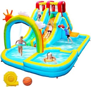 WELLFUNTIME Inflatable Water Double Slides Park with Blower, Bouncy Castle with Rainbow Water Curtain, with Shooting and Rock Climbing