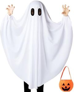 Oskiner Ghost Costume for Kids,White Ghost Costume with Pumpkin Bag, Spooky Halloween Costume for Boys Girls Toddler (M(3-5Y))