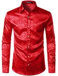 ZEROYAA Men's Luxury Jacquard Long Sleeve Dress Shirt Shiny Satin Slik Like Wedding Party Prom Shirts ZLCL27-Red Medium