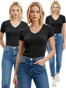 Emmalise Women's Short Sleeve T Shirt V Neck Tee Value Set (3Pk, 3 Black, 1XL)