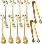 Leaf Coffee Spoons, Mini Serving Tongs and Appetizer Forks Stainless Steel Sugar Cube Tongs Dessert Spoons Metal Dinner Forks for Dessert Coffee Tea (10, Gold)