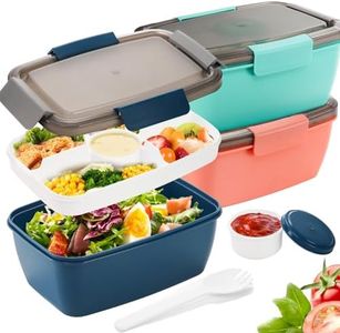 YOUEON 3 Pcs 68 Oz Salad Lunch Container with 4 Compartment Tray, Bento Lunch Box with Spoon & Dressing Cup, Leakproof Salad Container for Lunch, Salad Toppings, Snacks, Fruits, BPA-Free