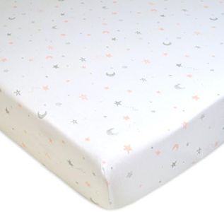 American Baby Company Fitted Crib Sheet 28" x 52", Soft Breathable Neutral 100% Cotton Jersey Sheet, Pink Stars and Moons, for Boys and Girls, Fits Crib and Toddler Bed mattresses