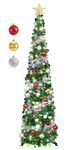 SINTENILL 5 FT Pop Up Christmas Tree with Timer Lights and Decorations, Green Silver Tinsel Christmas Tree with 24 Ball Ornaments, Pencil Tree Collapsible Christmas Tree for Home, Apartment, Office