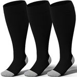 LEVSOX Plus Size Compression Socks for Women Men Wide Calf Extra Large 15-20 mmHg Knee High Sock for Nurses Pregnant Travel, 3 Pairs/Black, Medium