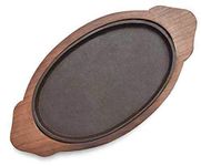 HAINE Cast Iron Sizzler Plate with Wooden Base, Brown, (13inch by 7inch)