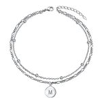 Initial Ankle Bracelets for Women, S925 Sterling Silver Ankle Bracelet with Initial D Dainty Adjustable Figaro Chain Beaded Chain Alphabet Anklets Jewelry Gifts for Teen Girls