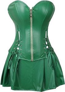 DKCHENH Women's Punk Rock Faux Leather Steampunk Corset gothic bustier skirt set costume.green bustier,Large Skirt.