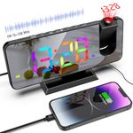 ThreeH Projection Alarm Clock RGB Radio Alarm Clock on Ceiling 180° Rotatable Projector Digital Colorful Clock for Bedroom USB Charging Port Mirror Screen Black