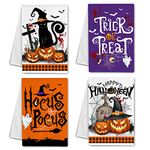 Hexagram Halloween Kitchen Towels, Happy Halloween Kitchen Decor, Decorative Trick or Treat Boo Ghost Hand Towels for Bathroom, Spooky October 31 Holiday Kitchen Towels and Dishcloth Set of 4