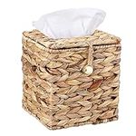 BSTKEY Square Water Hyacinth Facial Tissue Box, Household Woven Paper Holder Napkin Box, Decorative Tissue Paper Storage Organizer with Lid