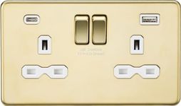 13A 2G SP Switched Socket with Dual USB A+C (5V DC 4.0A shared) - Polished Brass with White Insert
