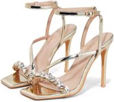 Elisabet Tang Women’s Crystal Stilettos Heeled Sandals, 4 Inch Square Open Toe Strappy Sexy High Heels Ankle Strap Buckle Heels for Party Wedding Dress Daily Wear Shoes, Gold, 8