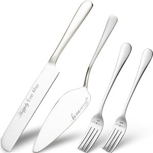 Cake Cutting Set for Wedding, Wedding Cake Knife and Server set, Forks and Cutter Pie Spatula Birthday Anniversary Christmas Gift of 4 (Silver)