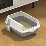 Cat Litter Tray Box, Litter Box, Plastic Cat Open Top Litter Tray with Free Scoop Kitten Detachable Rim Easy Cleaning,49 x 38 x 23cm (Grey)