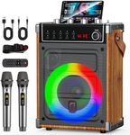 JYX Karaoke Machine with 2 UHF Wireless Microphones, Bluetooth Speaker with Bass/Treble Adjustment and LED Light (Wood, 69)