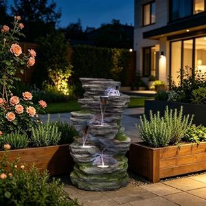 Solarbloom Outdoor Water Fountain with LED Lights, 5-Tier Spiral Cascading Stacked Waterfall Fountain Freestanding Resin Water Feature for Patio, Garden, Backyard, Deck