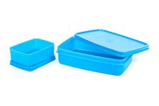 SignoraWare Small Compact Lunch Box Set of 2, Bpa Free Plastic, Microwave Safe Food Grade Tiffin Boxes Office School, Leak Proof Air Tight (650ml+150ml, Rectangular, Blue, Easy to Carry)