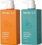 Medix 5.5 Glycolic Acid Exfoliating Face & Body Wash Cleanser + Argan Oil Moisturizing Body Cream Lotion 2PC Skin Care Set | Alpha Hydroxy Acid & Lactic Acid Foaming Face Wash, 2PC Set