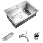 Inset/Undermount Stainless Steel Kitchen Sink Single Deep Square Bowl Sink with Drain, Basket 550x450mm