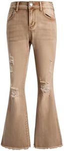 Milumia Girl's Ripped Flare Bell Bottom Jeans High Waist Denim Pants with Pockets Khaki 8Y