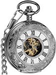 VIGOROSO Men's Pocket Watch with Chain Half Hunter Double Cover Skeleton Mechanical Pocket Watches for Men Dad, Silver, vintage